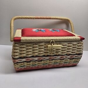 Vintage Embroidered Rattan Sewing Notions Basket With Handle And Latch
